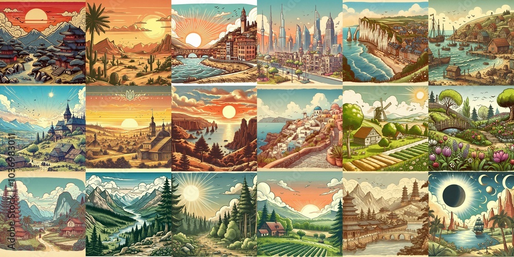 Cartoon landscapes. AI generated illustration Cartoon landscapes. AI generated illustration