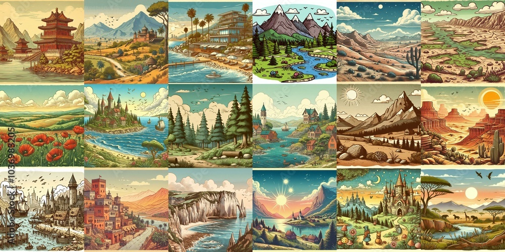 Cartoon landscapes. AI generated illustration Cartoon landscapes. AI generated illustration