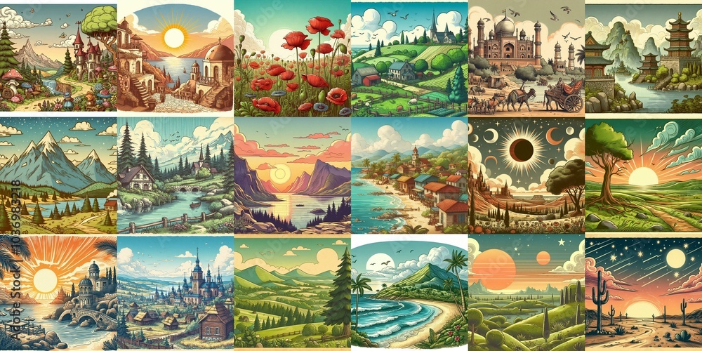 Cartoon landscapes. AI generated illustration Cartoon landscapes. AI generated illustration
