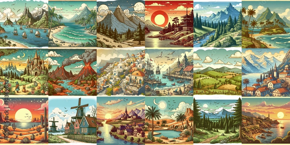 Cartoon landscapes. AI generated illustration Cartoon landscapes. AI generated illustration