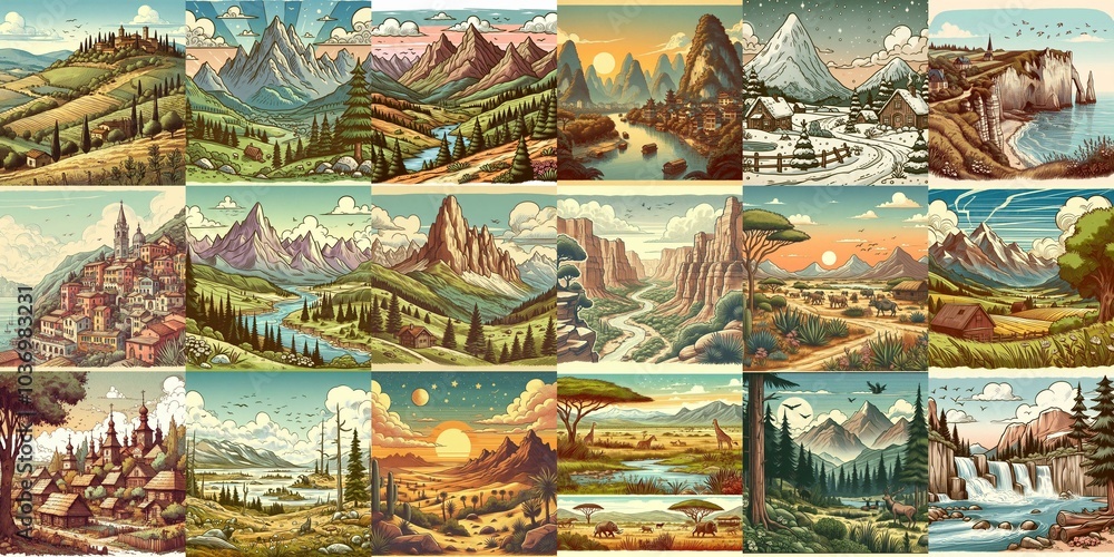 Cartoon landscapes. AI generated illustration Cartoon landscapes. AI generated illustration
