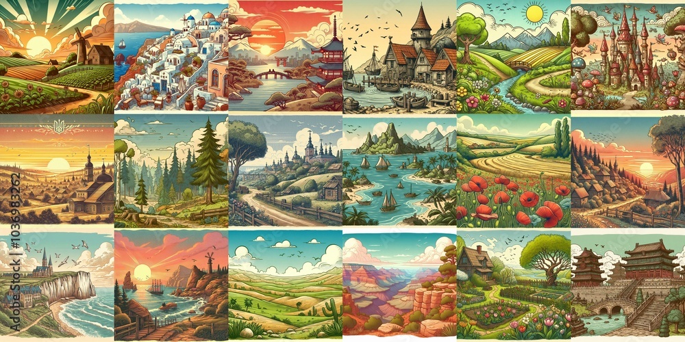 Cartoon landscapes. AI generated illustration Cartoon landscapes. AI generated illustration