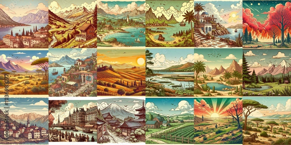 Cartoon landscapes. AI generated illustration Cartoon landscapes. AI generated illustration