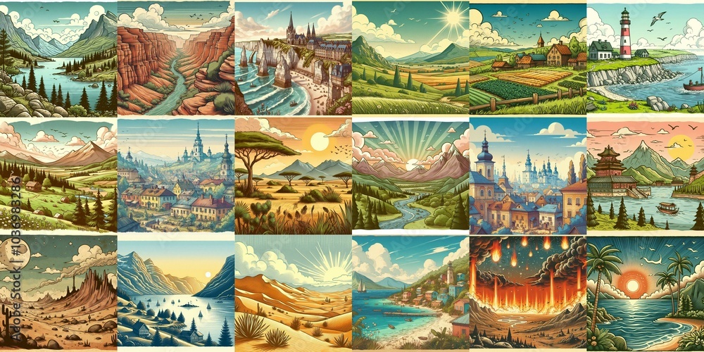 Cartoon landscapes. AI generated illustration Cartoon landscapes. AI generated illustration