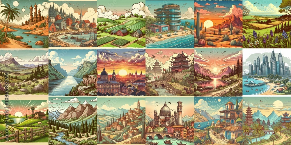 Cartoon landscapes. AI generated illustration Cartoon landscapes. AI generated illustration