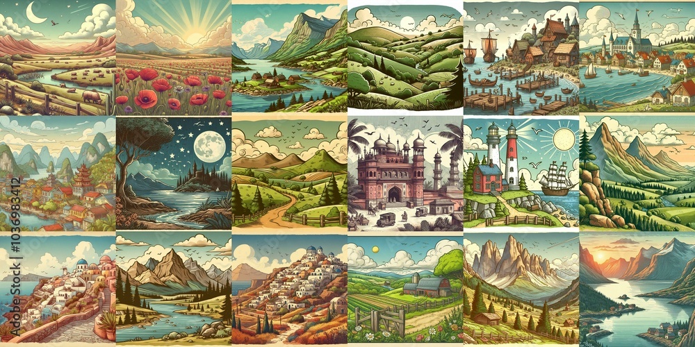 Cartoon landscapes. AI generated illustration Cartoon landscapes. AI generated illustration