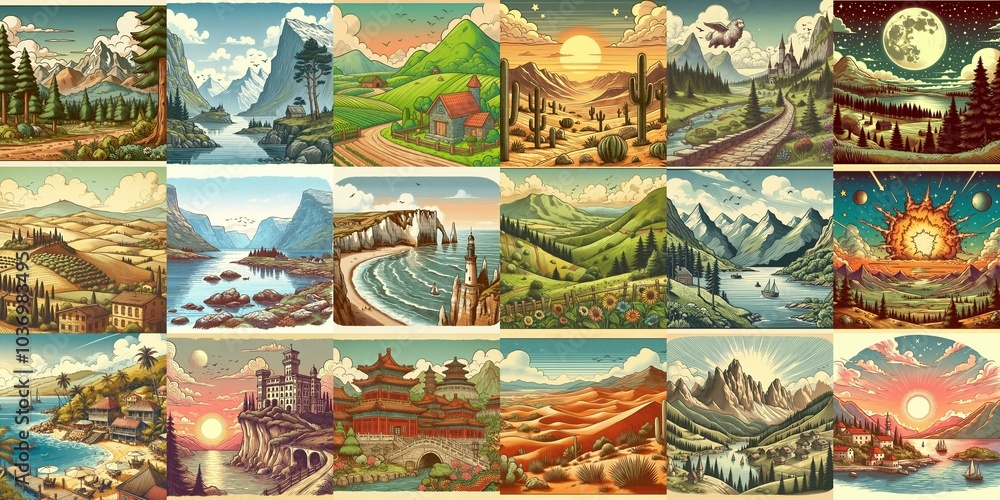 Cartoon landscapes. AI generated illustration Cartoon landscapes. AI generated illustration