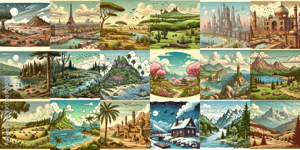 Cartoon landscapes. AI generated illustration Cartoon landscapes. AI generated illustration