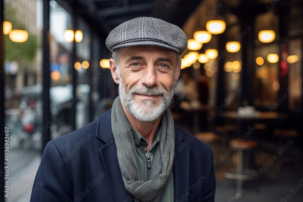 Portrait of a senior man with grey beard wearing a cap and scarf on a city street. Portrait of a senior man with grey beard wearing a cap and scarf on a city street.