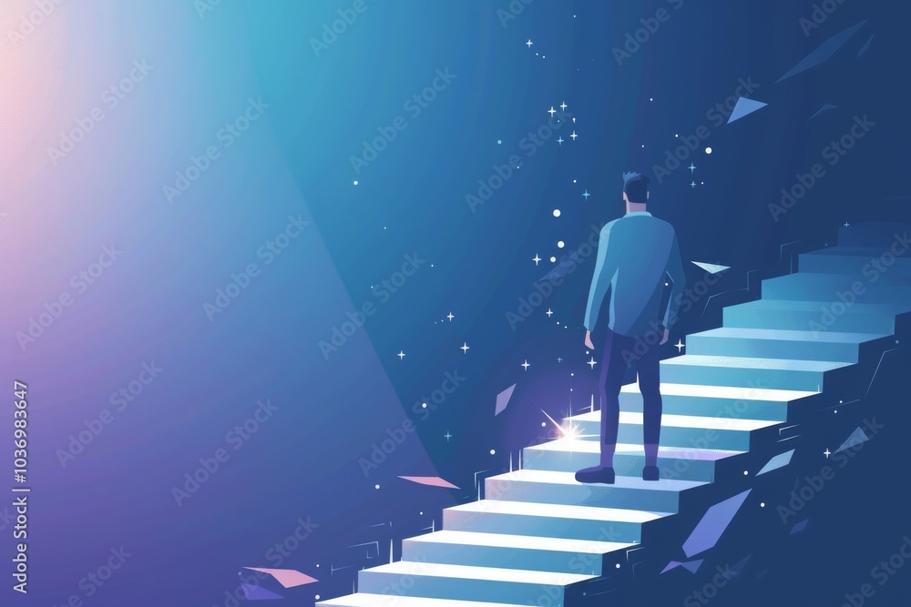 Businessman standing in front of the stairs and looking at them, journey towards success and growth, business start concept. MZ Businessman standing in front of the stairs and looking at them, journey towards success and growth, business start concept. MZ