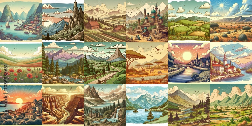 Cartoon landscapes. AI generated illustration Cartoon landscapes. AI generated illustration