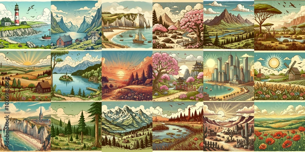 Cartoon landscapes. AI generated illustration Cartoon landscapes. AI generated illustration