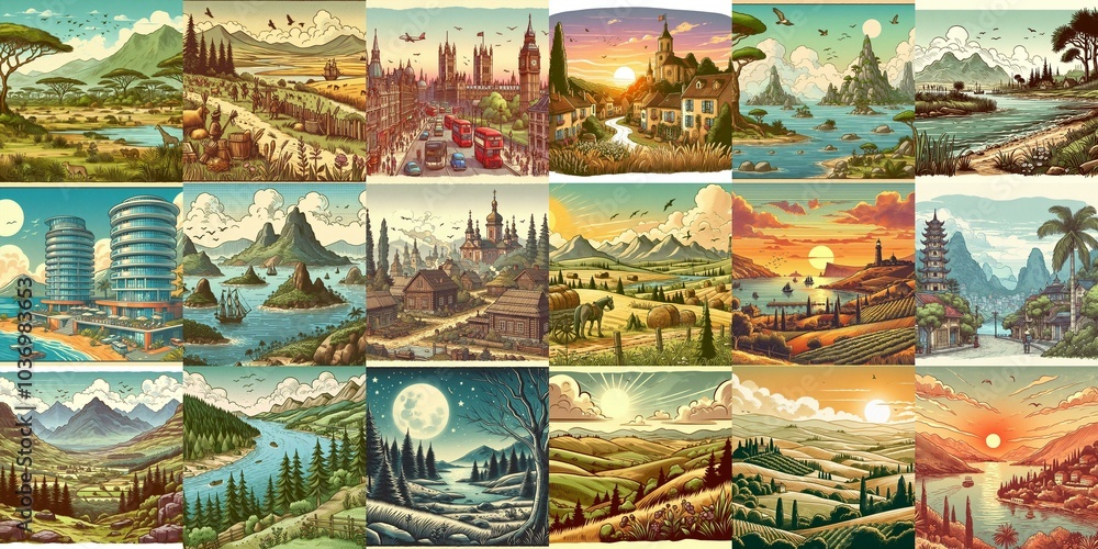Cartoon landscapes. AI generated illustration Cartoon landscapes. AI generated illustration
