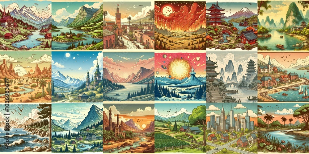 Cartoon landscapes. AI generated illustration Cartoon landscapes. AI generated illustration