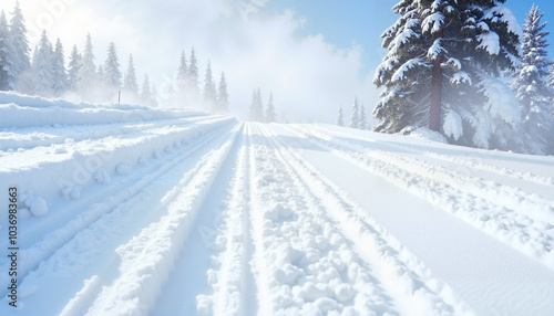 Snowy winter road with tire tracks and pine trees under blue sky, serene winter landscape