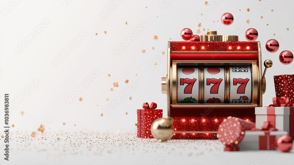 A festive slot machine surrounded by holiday decorations and gifts, celebrating luck and joy during the festive season. A festive slot machine surrounded by holiday decorations and gifts, celebrating luck and joy during the festive season.