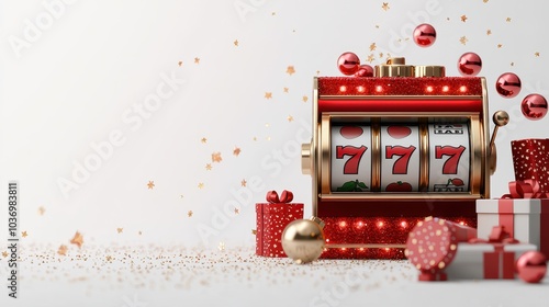 A festive slot machine surrounded by holiday decorations and gifts, celebrating luck and joy during the festive season.