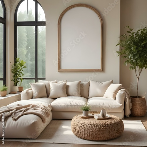 A cozy and inviting living room with a large, empty frame on the wall, a plush beige sofa, woven poufs, and a large arched window overlooking greenery outside.