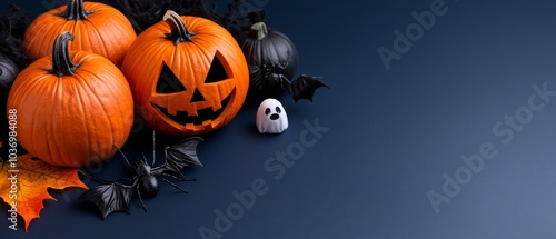  A tabletop scene features a gathered group of pumpkins, with a solitary ghost residing among them