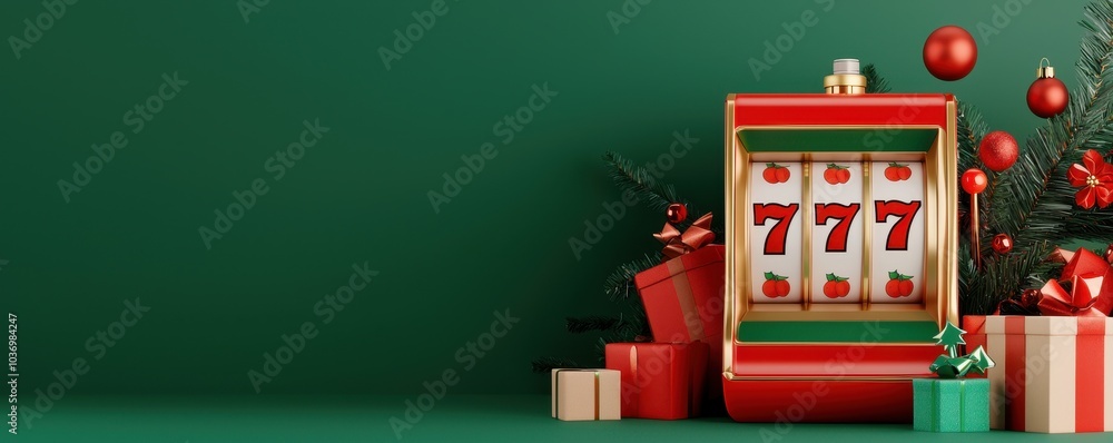 A festive slot machine with three sevens, surrounded by colorful gift boxes and Christmas decorations on a green backdrop. A festive slot machine with three sevens, surrounded by colorful gift boxes and Christmas decorations on a green backdrop.