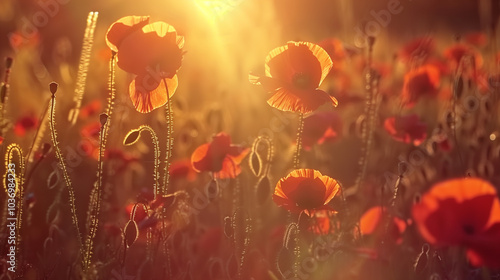 A meadow in the park with scarlet and maroon popy flowers at sunset. photo