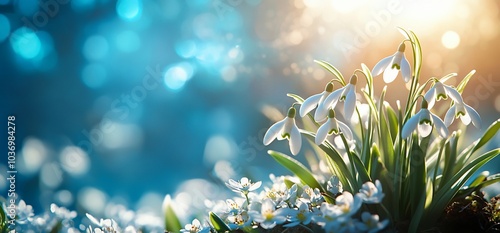 Snowdrops blooming in a bright blue bokeh background.