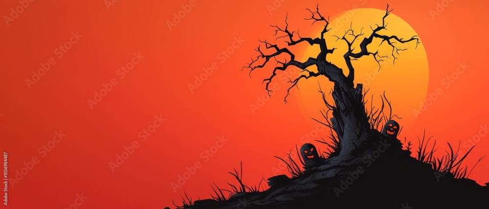 Fototapeta premium A spooky tree with two pumpkins at its base against an orange and red sunset backdrop