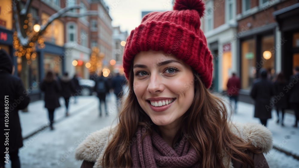 Close-up portrait of a young woman in a red knitted hat on a winter street Close-up portrait of a young woman in a red knitted hat on a winter street