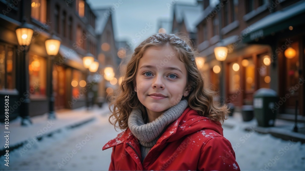 Portrait of a little girl in a red jacket with long blonde hair on a winter street during Christmas Portrait of a little girl in a red jacket with long blonde hair on a winter street during Christmas