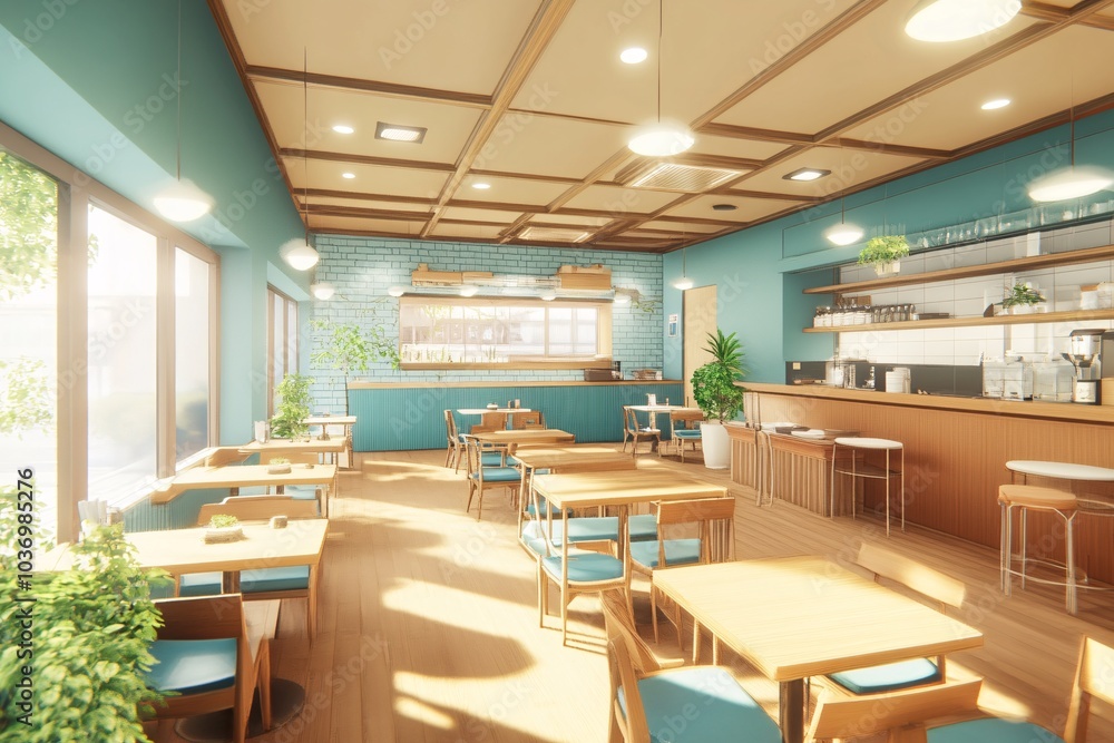 Modern Cafe Interior Design with Wooden Tables and Blue Walls Modern Cafe Interior Design with Wooden Tables and Blue Walls