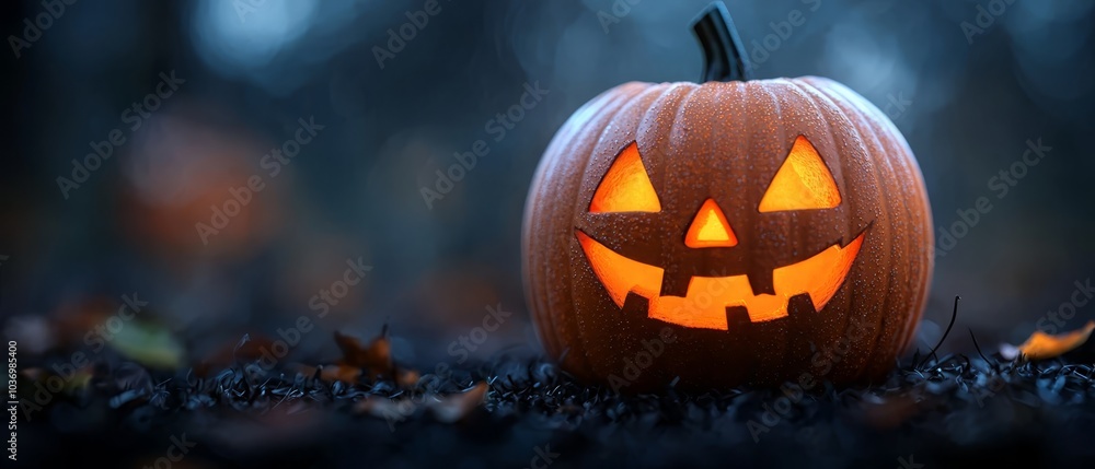 A carved jack-o-lantern sits in the forest's heart, its home the ground, surrounded by darkness and eerie quietude A carved jack-o-lantern sits in the forest's heart, its home the ground, surrounded by darkness and eerie quietude