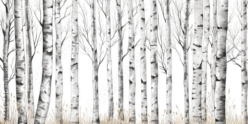 Birch tree background for wallpaper mural. Birch forest wall mural pattern background for interior design. Scandinavian wallpaper