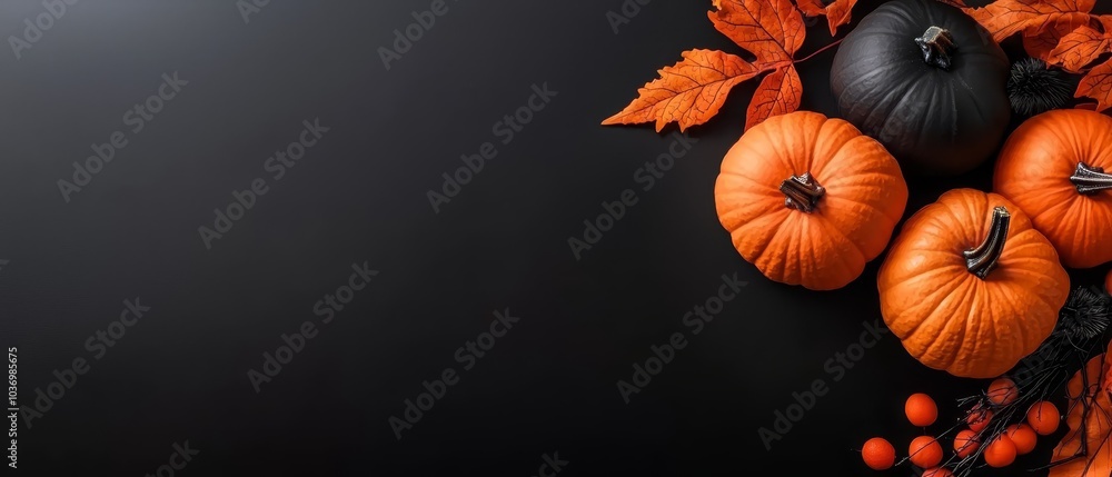 A collection of pumpkins, leaves included, against a black backdrop - text or image ready space A collection of pumpkins, leaves included, against a black backdrop - text or image ready space