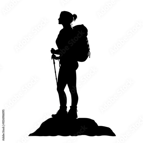 Silhouette of a Determined Adventurer: A solitary figure stands tall on a mountain peak, backpack and trekking poles in hand, symbolizing resilience, exploration, and the pursuit of adventure.