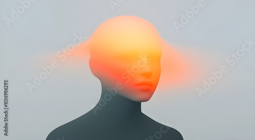 Abstract portrait of dark silhouette of man with orange head, hot warm head, vector minimalistic illustration. Simple lines. Isolated on light gray background. Empty space for text, background image