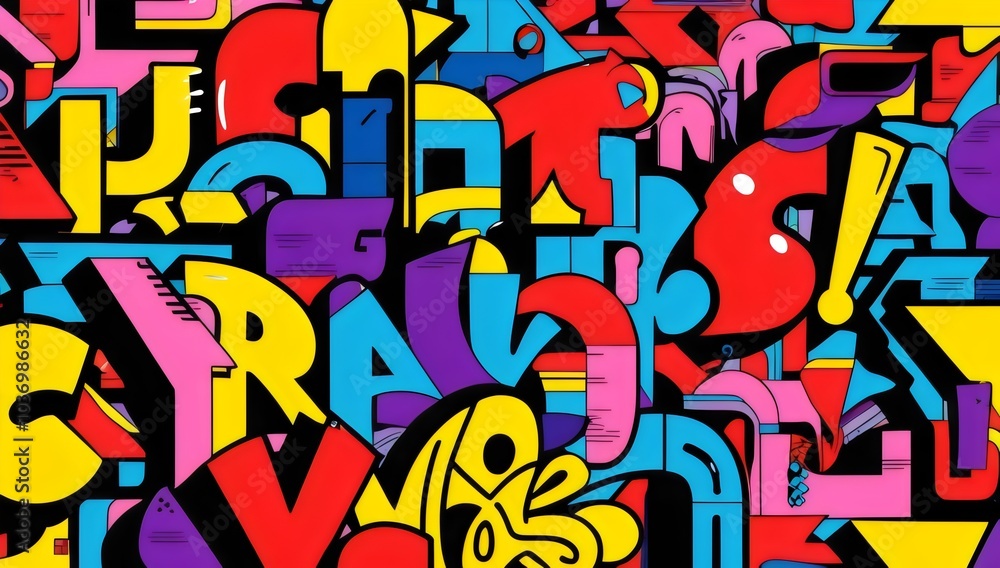 Fototapeta premium Vibrant Abstract Art with Geometric Shapes in Bold Colors, Complex and Dynamic Composition of Intertwined Forms in Yellow, Red, Blue, Purple, and Black, Visually Engaging and Striking