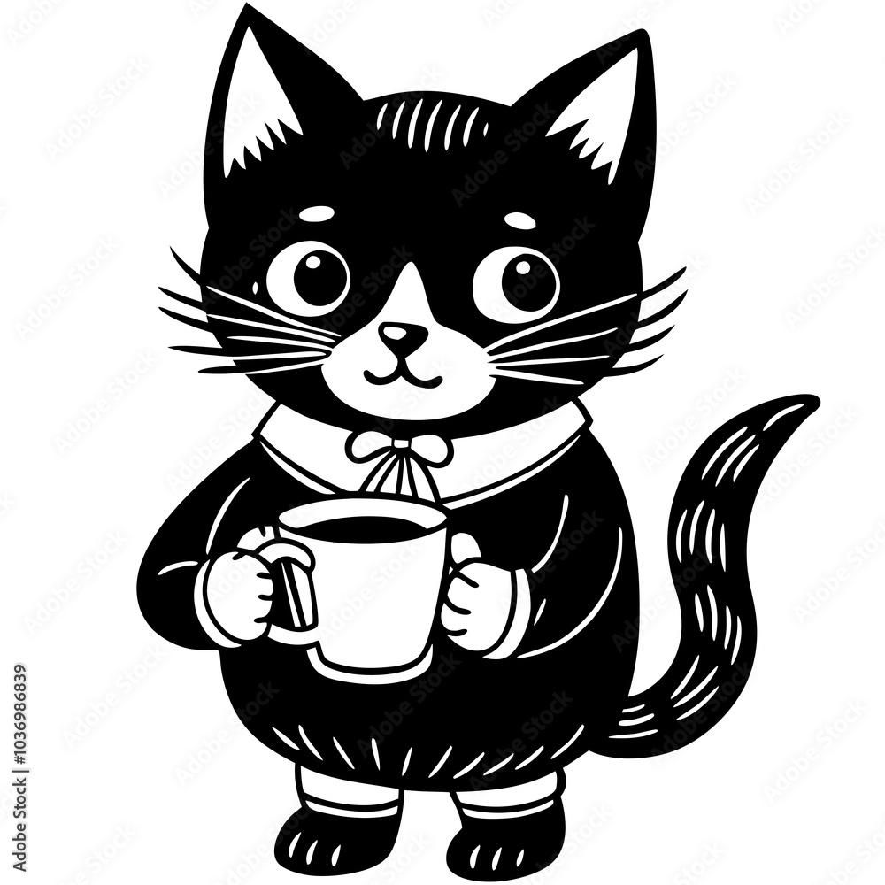 cute cat holding a cup of coffee Silhouette Black Vector cute cat holding a cup of coffee Silhouette Black Vector
