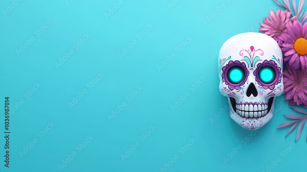 Colorful sugar skull with glowing blue eyes, surrounded by vibrant flowers on bright turquoise background, evokes festive and lively atmosphere Colorful sugar skull with glowing blue eyes, surrounded by vibrant flowers on bright turquoise background, evokes festive and lively atmosphere