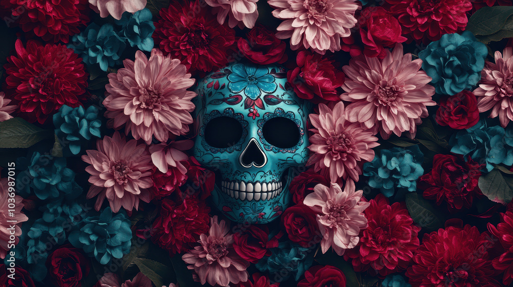 Luminous sugar skull surrounded by vibrant blue and pink flowers, creating striking contrast. intricate details of skull and lush floral arrangement evoke sense of celebration and artistry Luminous sugar skull surrounded by vibrant blue and pink flowers, creating striking contrast. intricate details of skull and lush floral arrangement evoke sense of celebration and artistry
