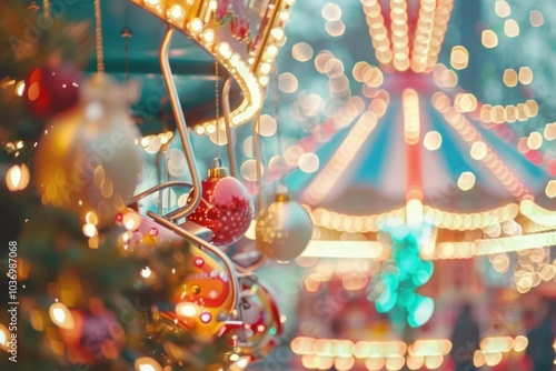 Dreamy abstract background of a Christmas amusement park with twinkling lights photo