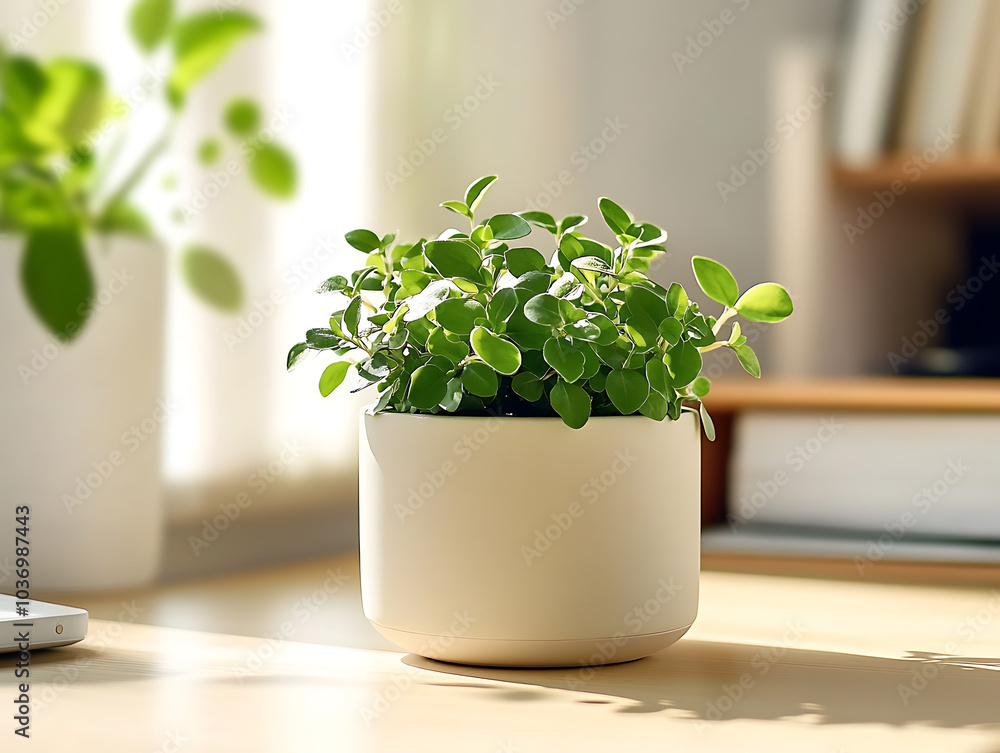 A fresh potted oregano plant on a counter A fresh potted oregano plant on a counter