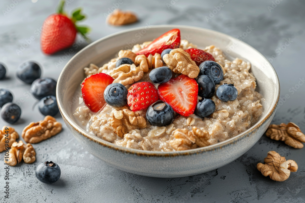 A bowl of oatmeal with blueberries, walnuts, and strawberries A bowl of oatmeal with blueberries, walnuts, and strawberries