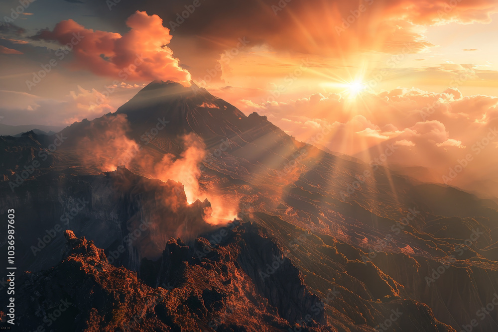 Fototapeta premium A mountain range with a volcano in the middle and a sun shining on it