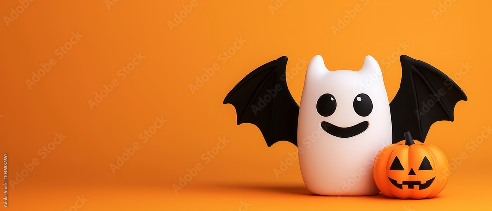 A bat and a jack-o'-lantern sit side by side against an orange backdrop A bat and a jack-o'-lantern sit side by side against an orange backdrop