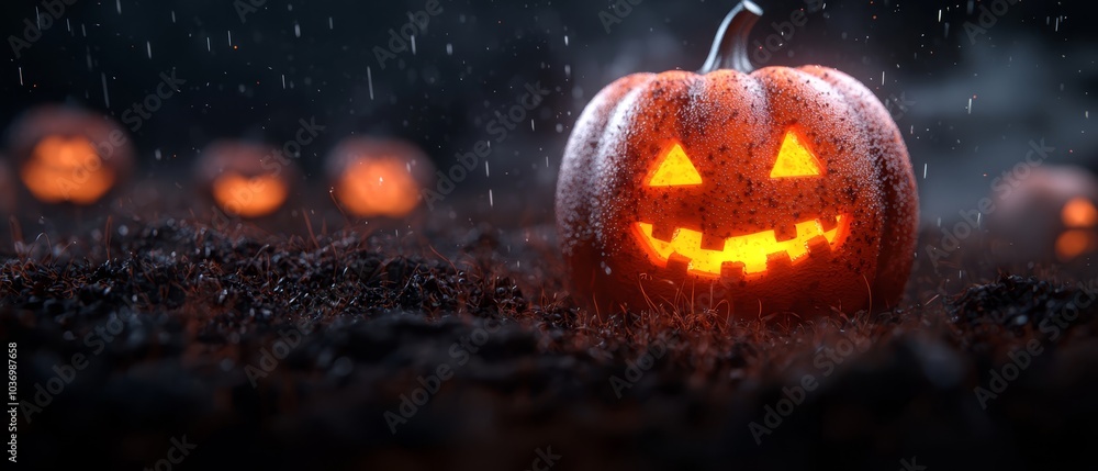 A collection of jack-o-lanterns perched atop a verdant field during rainfall A collection of jack-o-lanterns perched atop a verdant field during rainfall