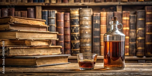 A bottle of brown liquid on a vintage wooden shelf with old books and antique glasses, bookshelf, brown liquid, books photo