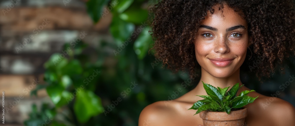 A woman holds a potted plant in front of her face, not the plant but its green leaves are between her lips A woman holds a potted plant in front of her face, not the plant but its green leaves are between her lips
