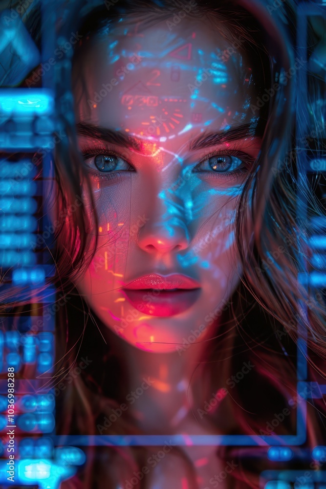 a woman with a blue and red face is shown in a futuristic image a woman with a blue and red face is shown in a futuristic image