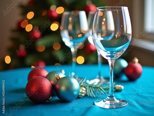 Elegant holiday table setting with wine glasses and colorful ornaments beside a decorated Christmas tree