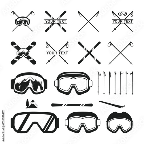 Snow ski poles icon set with snowboard. Mountain skier ski vector icon. ski glasses and crossed ski pole vector illustration. Vector set Silhouette of a skier in winter.